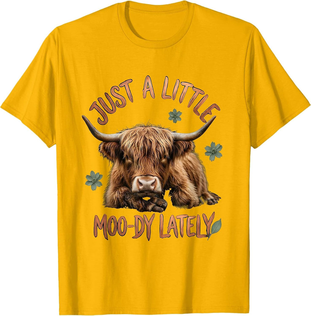 Men's Just A Little Moo-dy Lately Funny Highland Cow Boho T-Shirt - Golden Yellow
