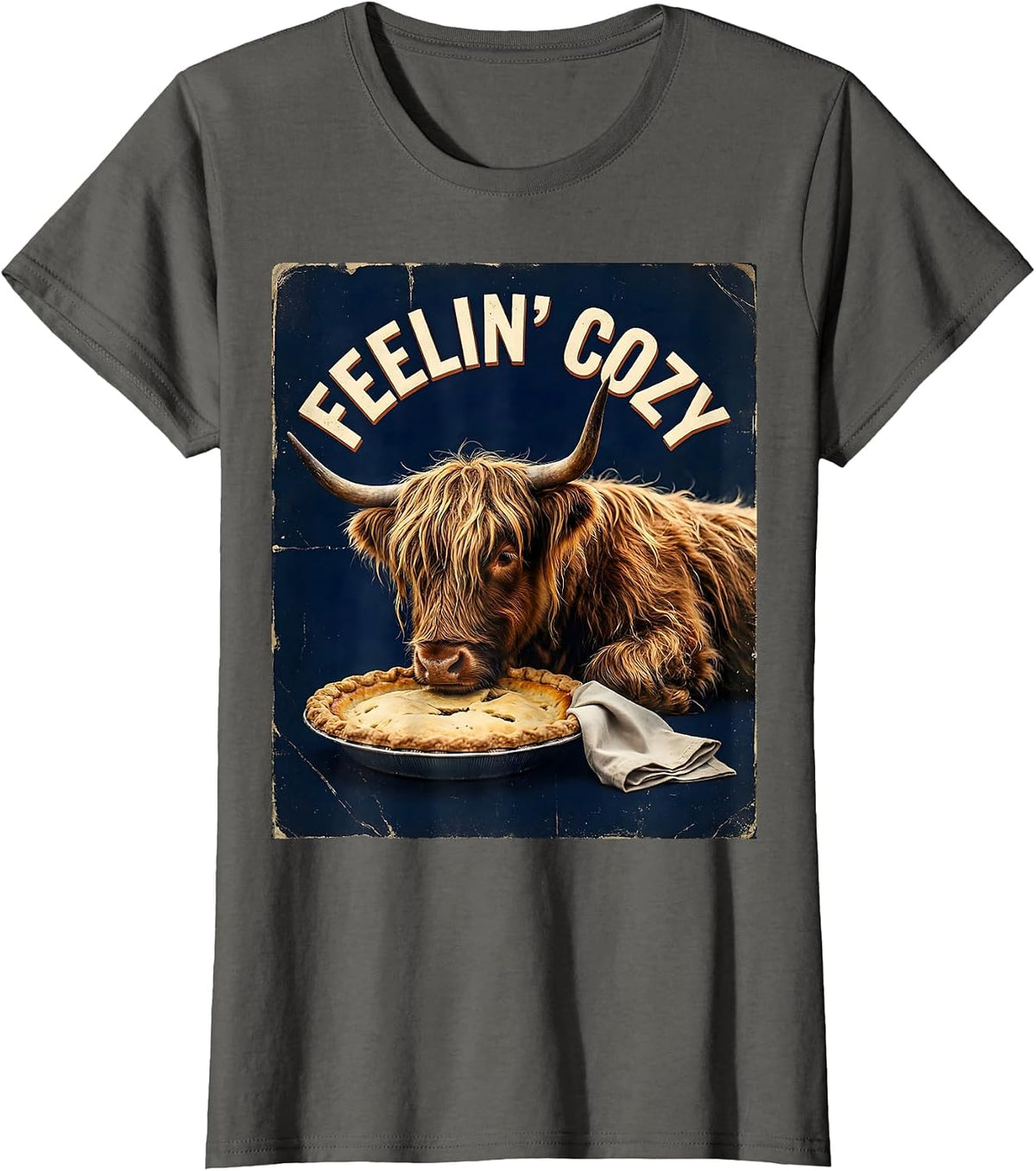 Women's Feelin Cozy Vintage Highland Cow Thanksgiving Gratitude T-Shirt - Asphalt Grey