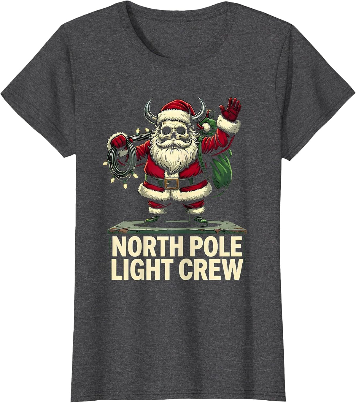 Women's North Pole Light Crew Cartoon Heavy Metal Santa Claus T-Shirt - Dark Heather Grey