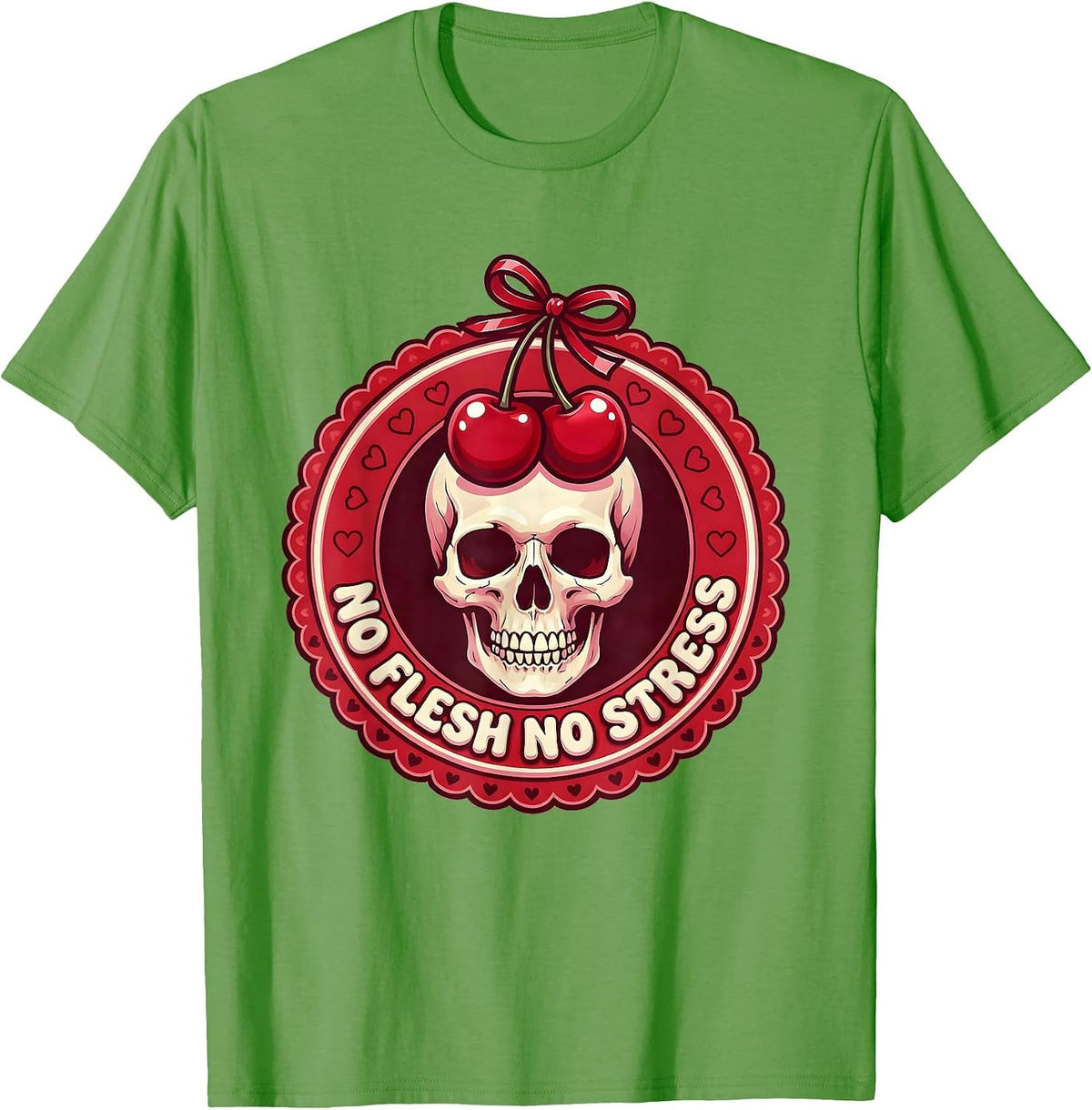 Men's No Flesh No Stress Skeleton Design T-Shirt - Grass Green