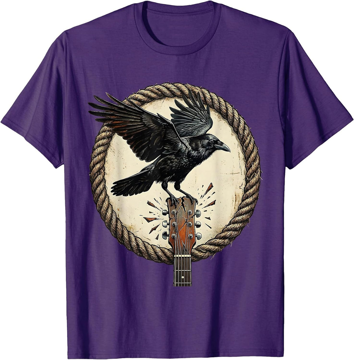 Crow on Broken Guitar Neck Rock Art Design T-Shirt - Purple