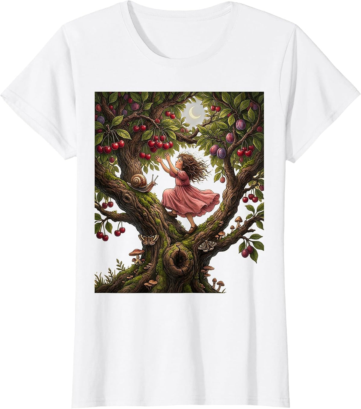 Girl Climbing Tree Ripe Fruit Illustration T-Shirt - White