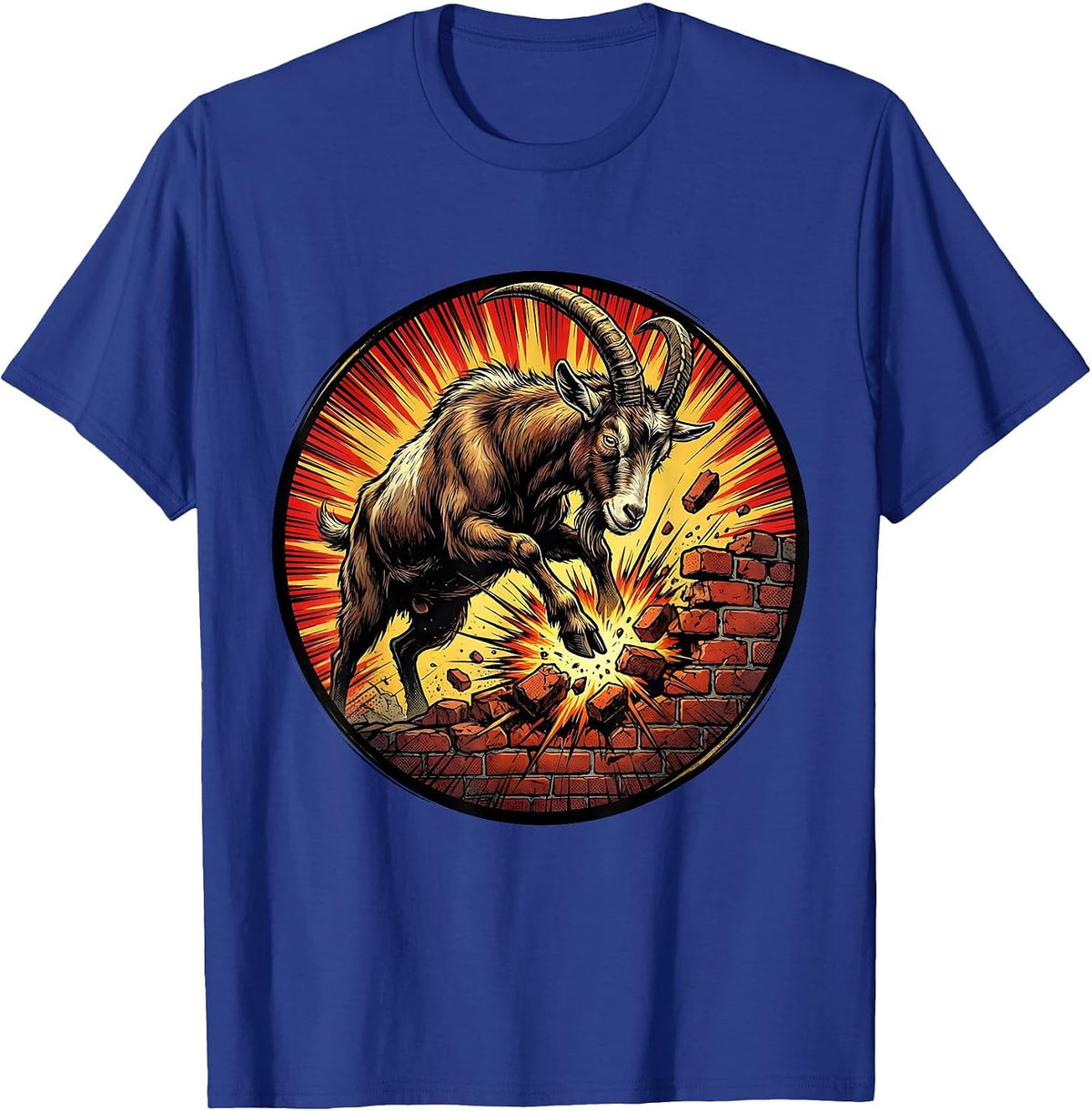 Stubborn Goat Headbutting Brick Wall Funny Art T-Shirt - Royal Blue