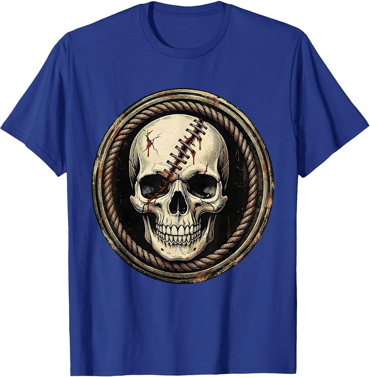 Smiling Skull Stitched Crack Bloody Horror Graphic T-Shirt - Royal Blue