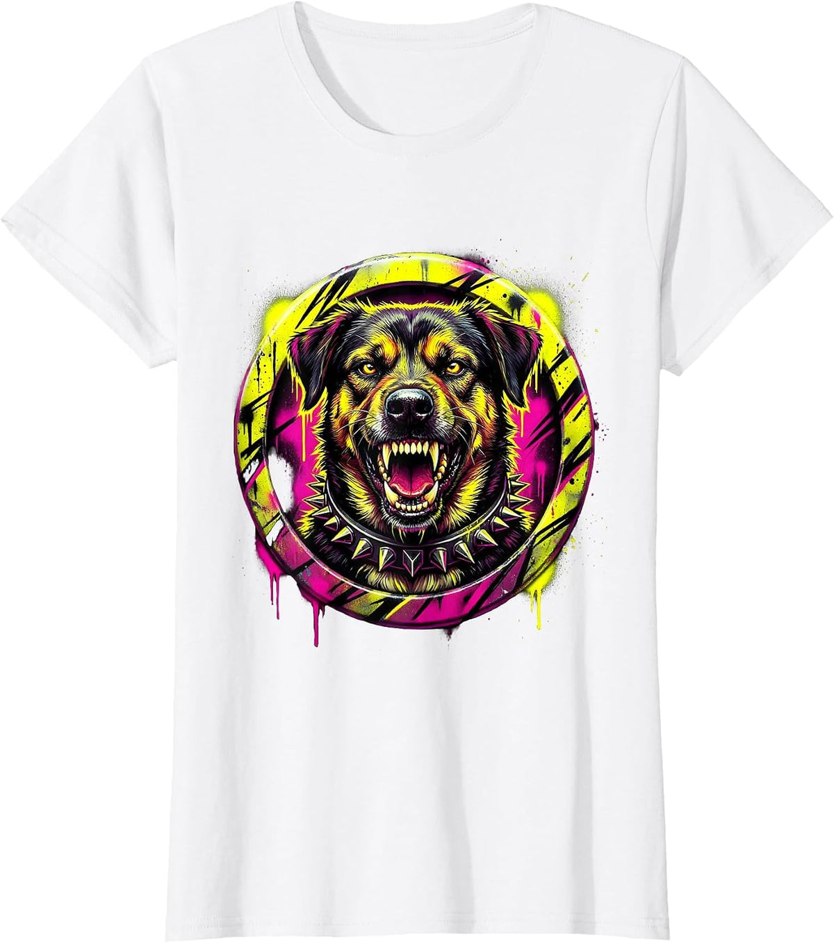 Punk Rock Snarling Studded Collar Dog Graphic T-Shirt - White
