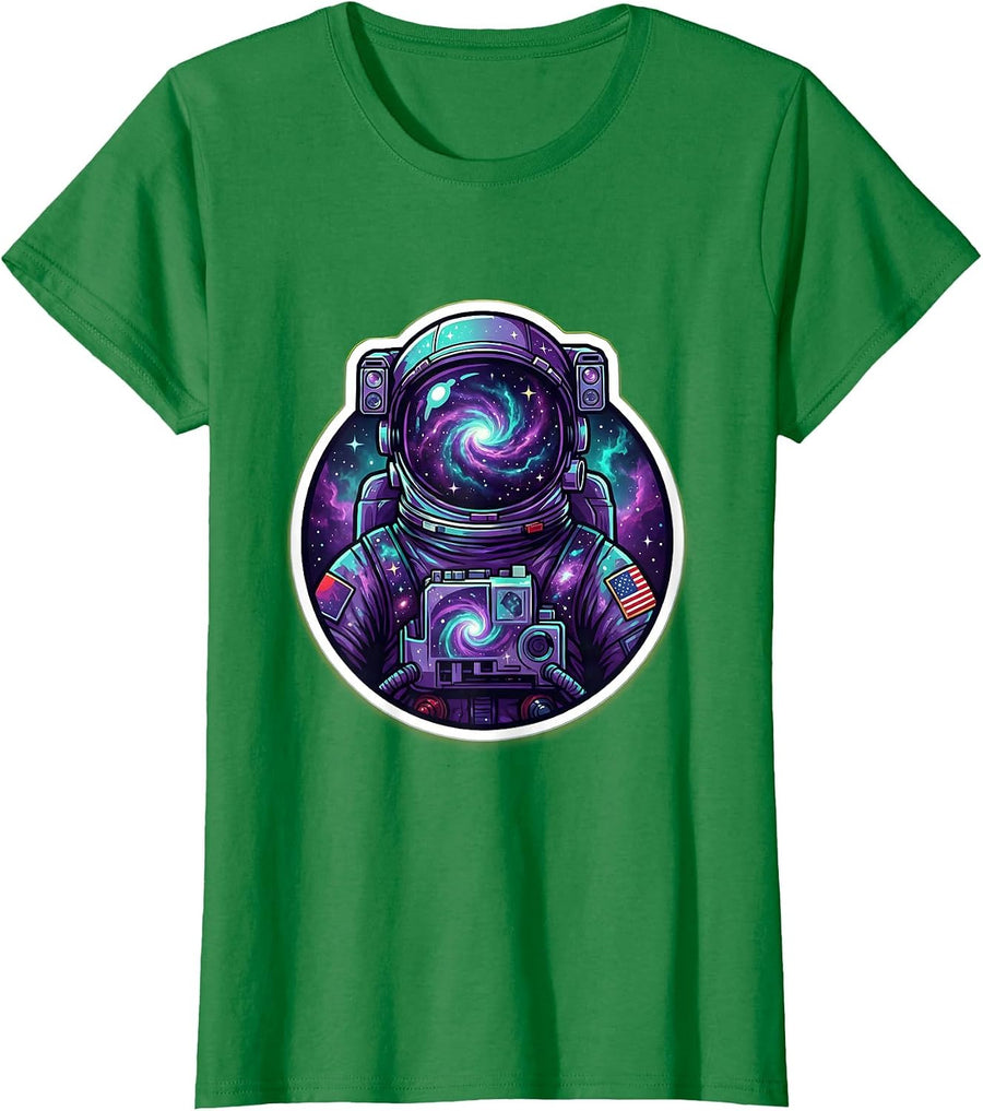 Women's Astronaut Suit Galaxy Pattern Cosmic Space Design T-Shirt - Kelly Green