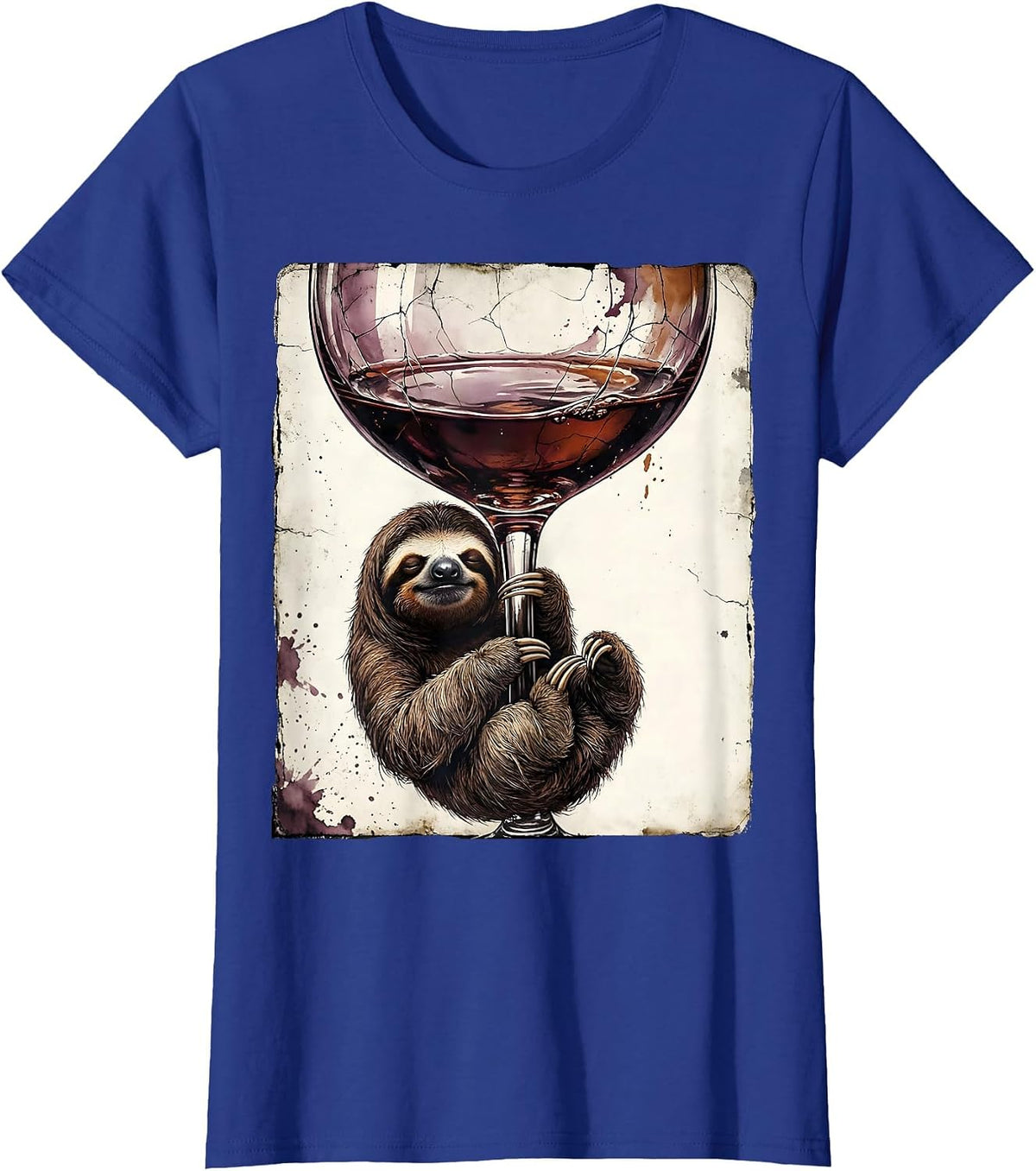 Women's Funny Sloth Hanging From Wine Glass Stem T-Shirt - Royal Blue