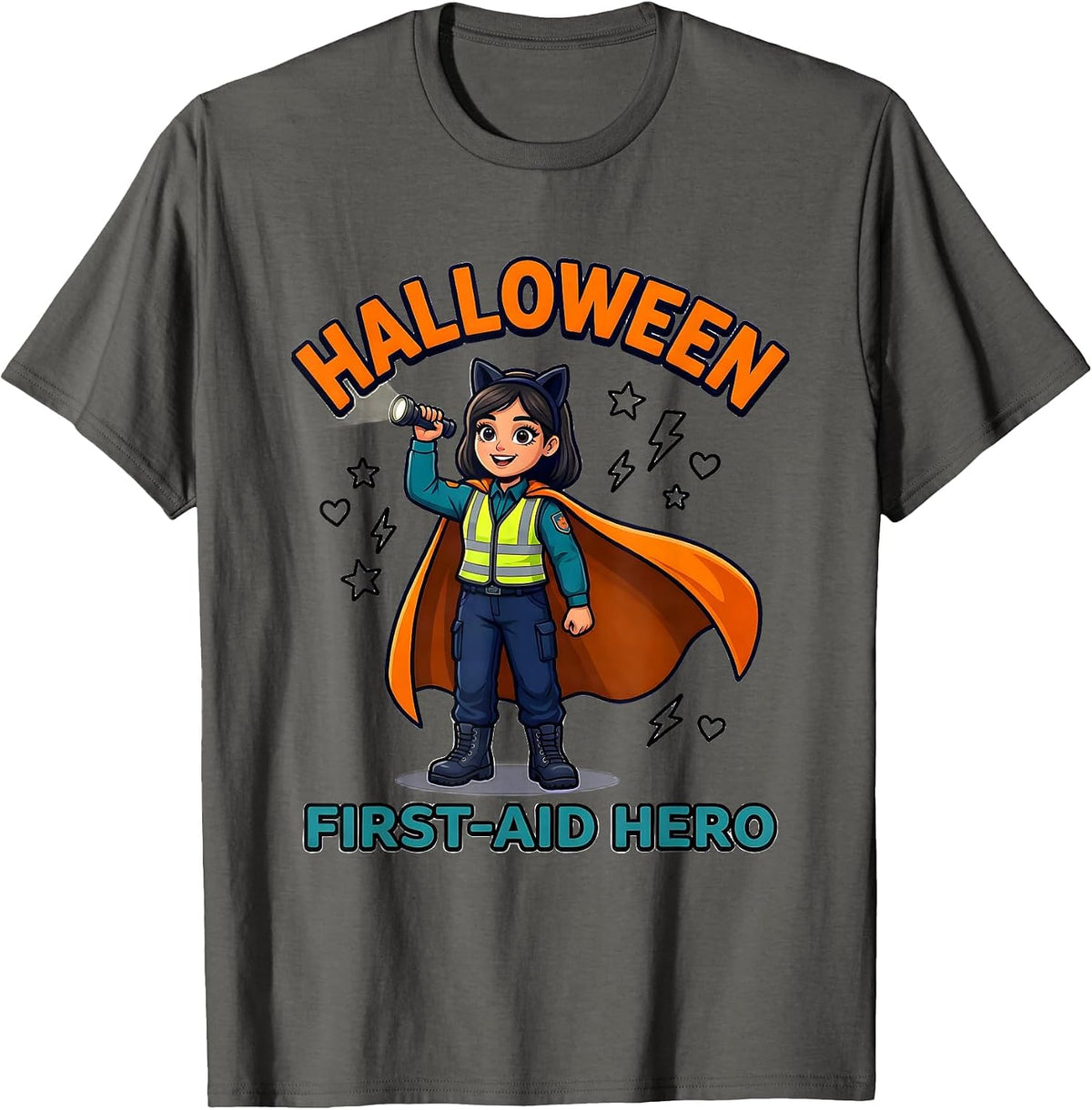 HALLOWEEN FIRST-AID HERO Cartoon Volunteer EMT Halloween T-Shirt - Asphalt Grey