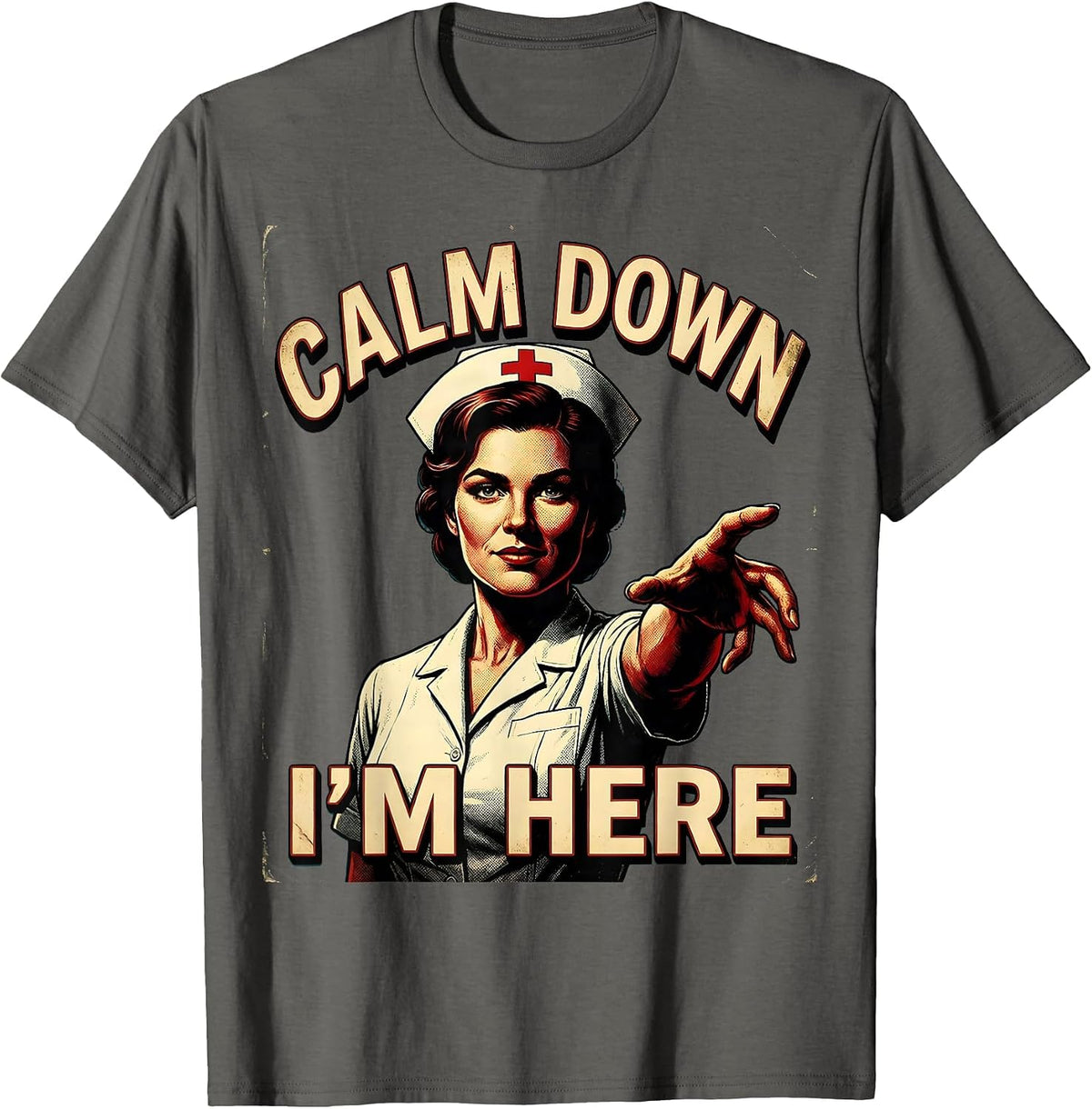 Men's Calm Down I'm Here School Nurse Design T-Shirt - Asphalt Grey