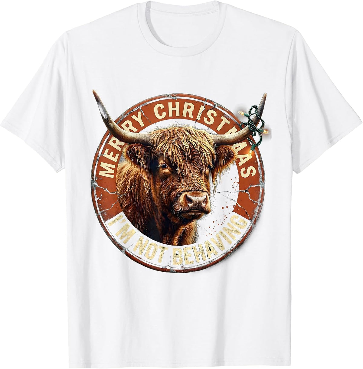 Men's Merry Christmas, I'm Not Behaving Distressed Highland Cow T-Shirt - White