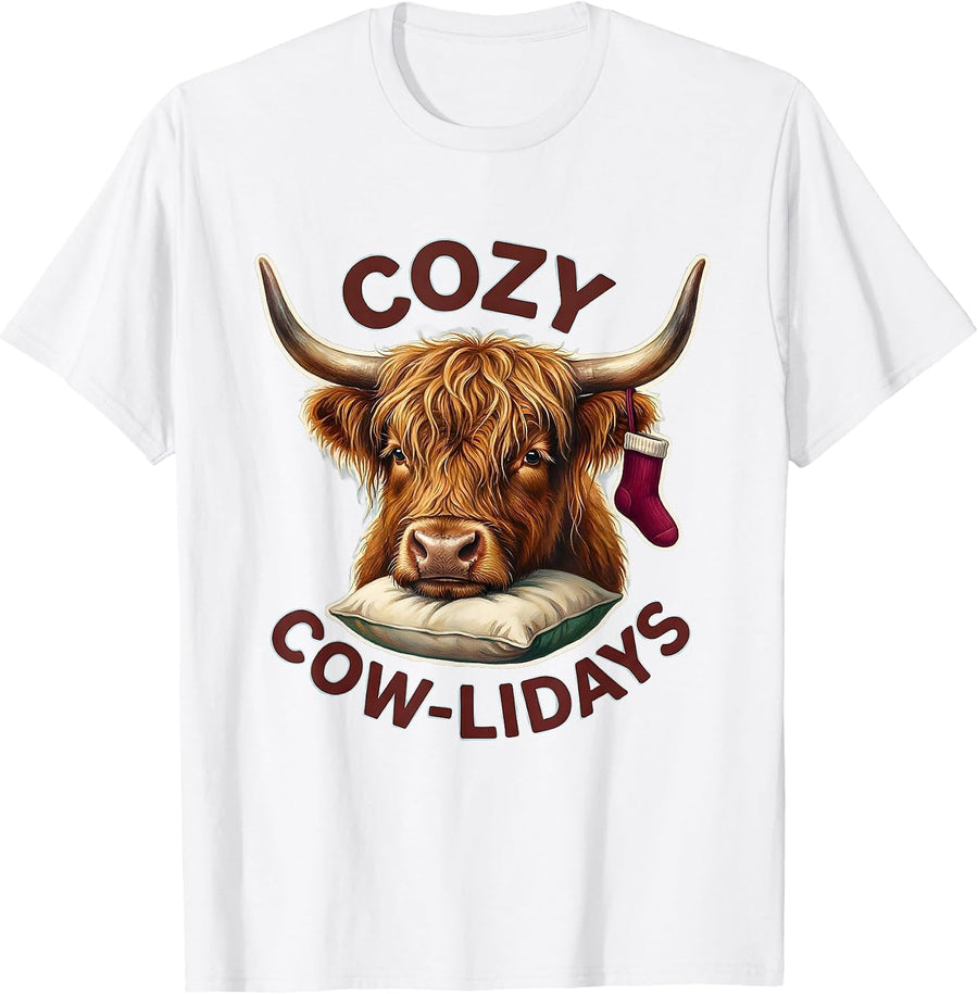 Men's Cozy Cow-lidays Whimsical Highland Cow Christmas Pajama T-Shirt - White