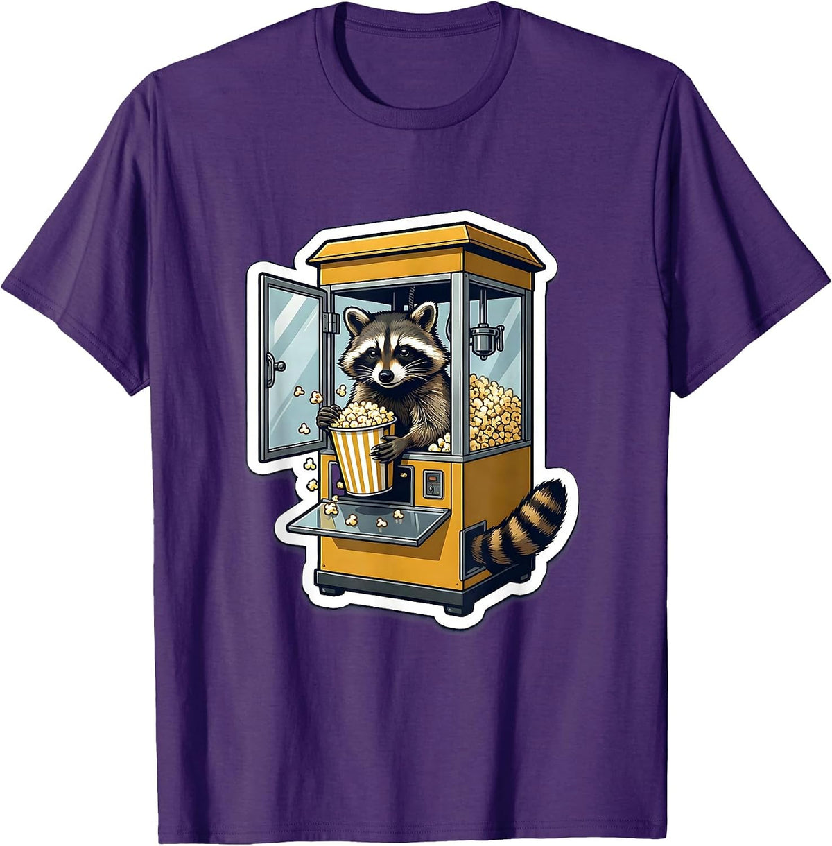 Men's Masked Raccoon Popcorn Machine Absurd Humor Sticker Style T-Shirt - Purple