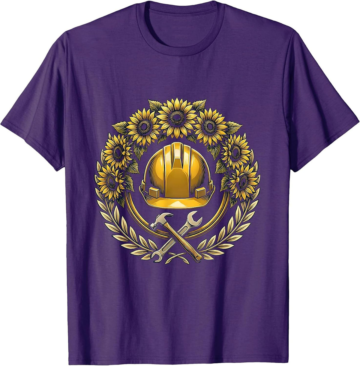 Labor Day Hard Hat Sunflower Wreath Illustration T-Shirt - Purple