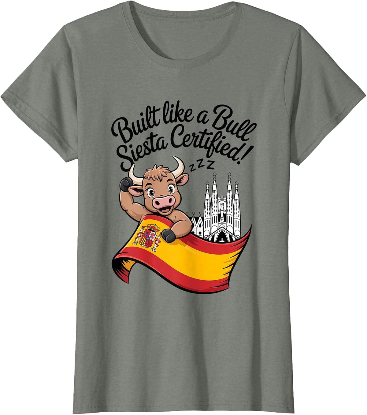Spanish Bull with Spain Flag Barcelona Landmark Travel T-Shirt - Olive Heather