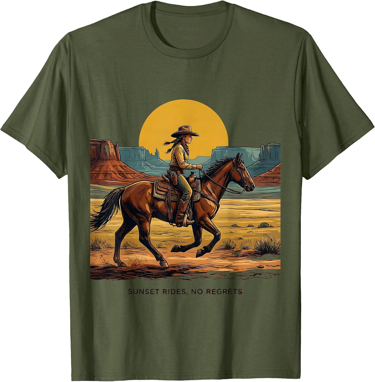 Sunset Rides No Regrets Cowgirl Design T-Shirt - Olive Green