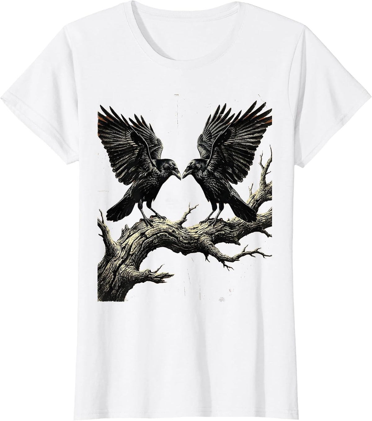 Women's Two Crows on Dead Branch Standoff Illustration T-Shirt - White