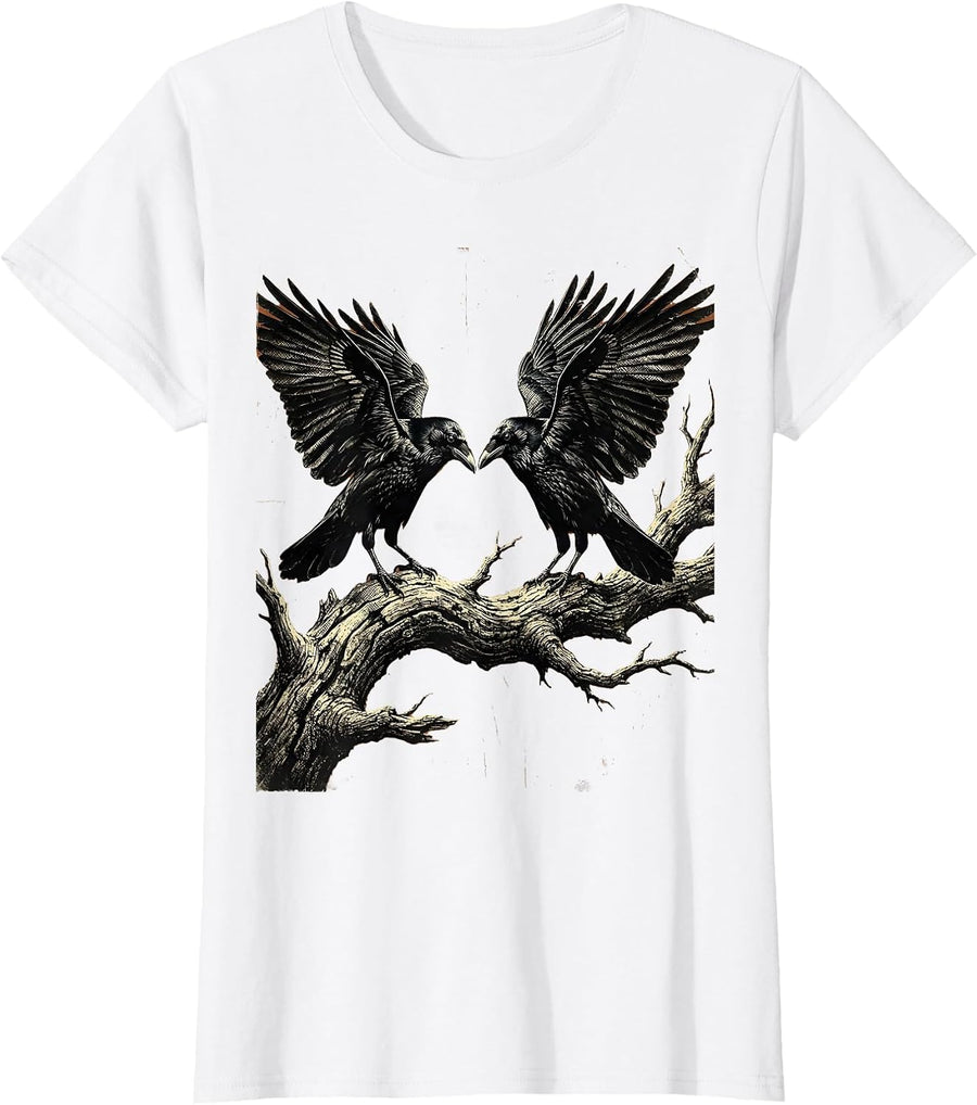 Women's Two Crows on Dead Branch Standoff Illustration T-Shirt - White