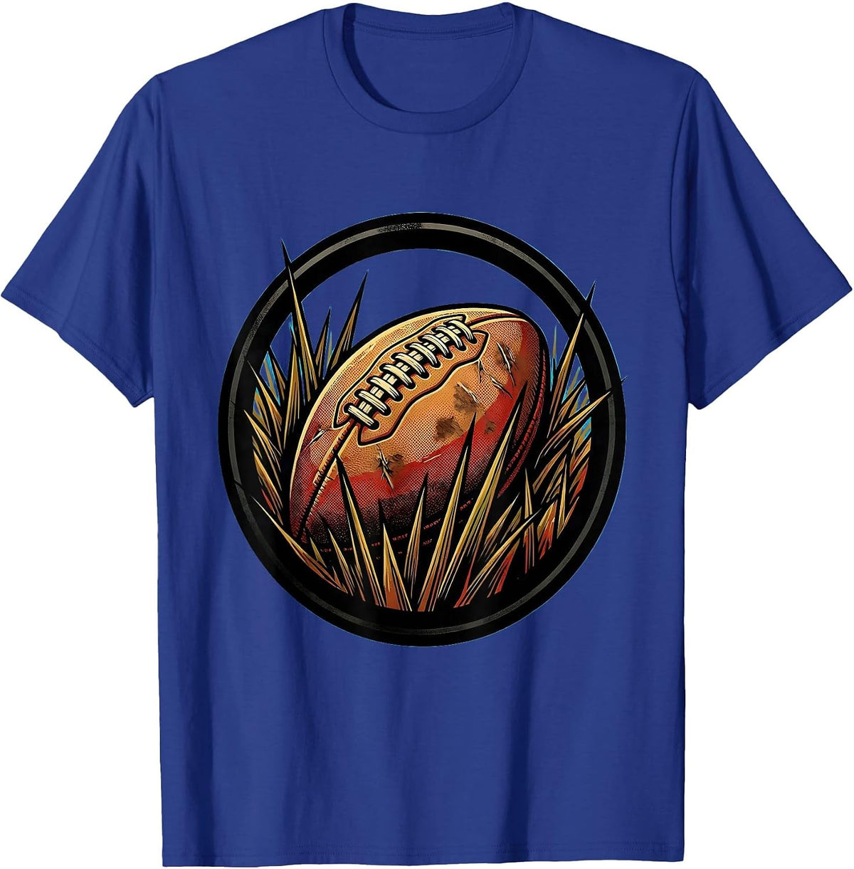 Men's Worn Leather Rugby Ball in Grass Illustration T-Shirt - Royal Blue