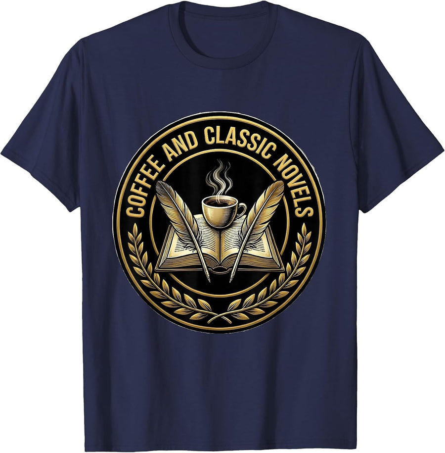 Coffee and Classic Novels English Teacher Design T-Shirt - Navy Blue