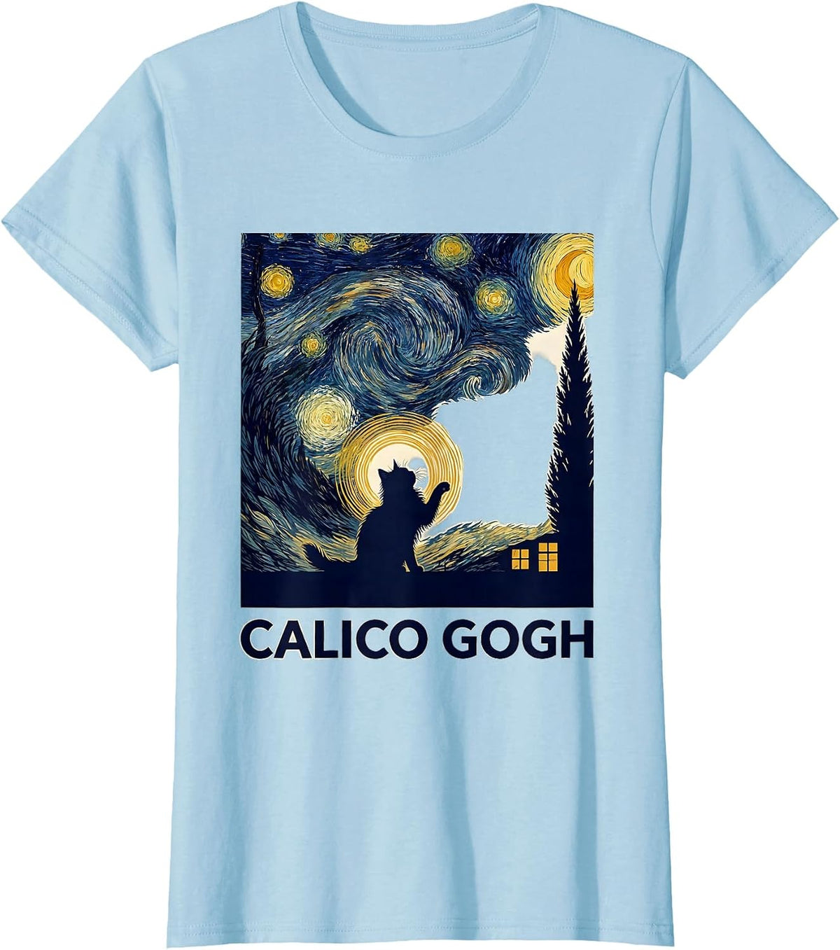 Women's Calico Gogh Silhouette Cat Lover Van Gogh Art Parody T-Shirt - Baby Blue