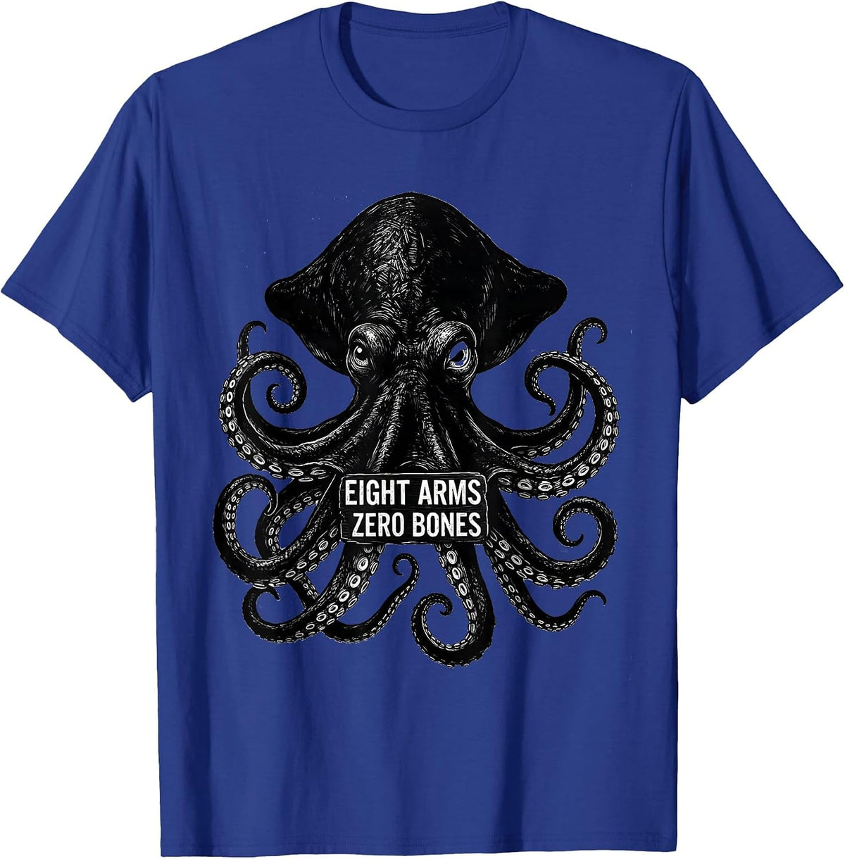 Eight Arms, Zero Bones Scratchboard Octopus Sea Creature T-Shirt - Royal Blue