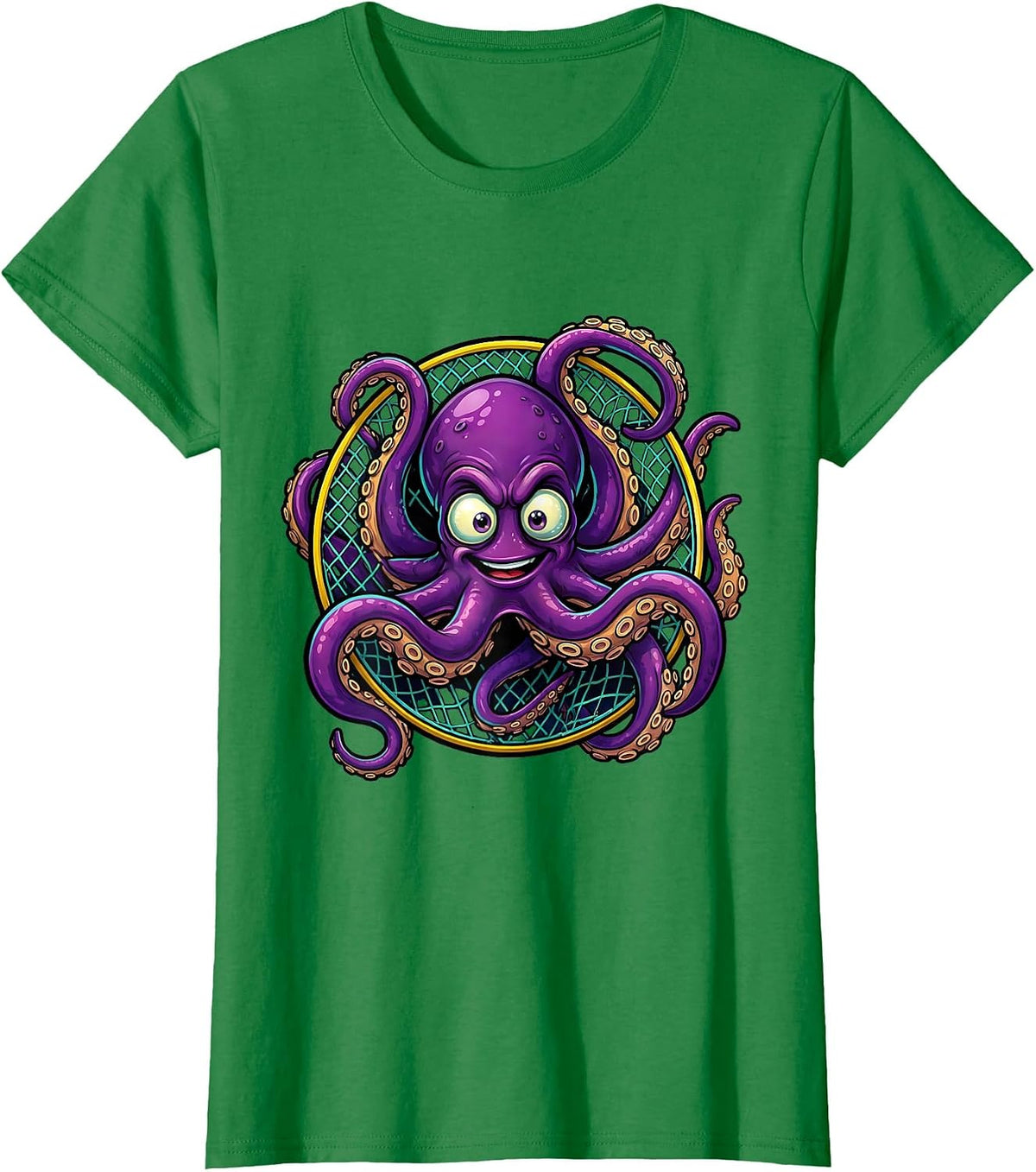 Women's Deep Sea Octopus Soccer Goal Net Illustration T-Shirt - Kelly Green