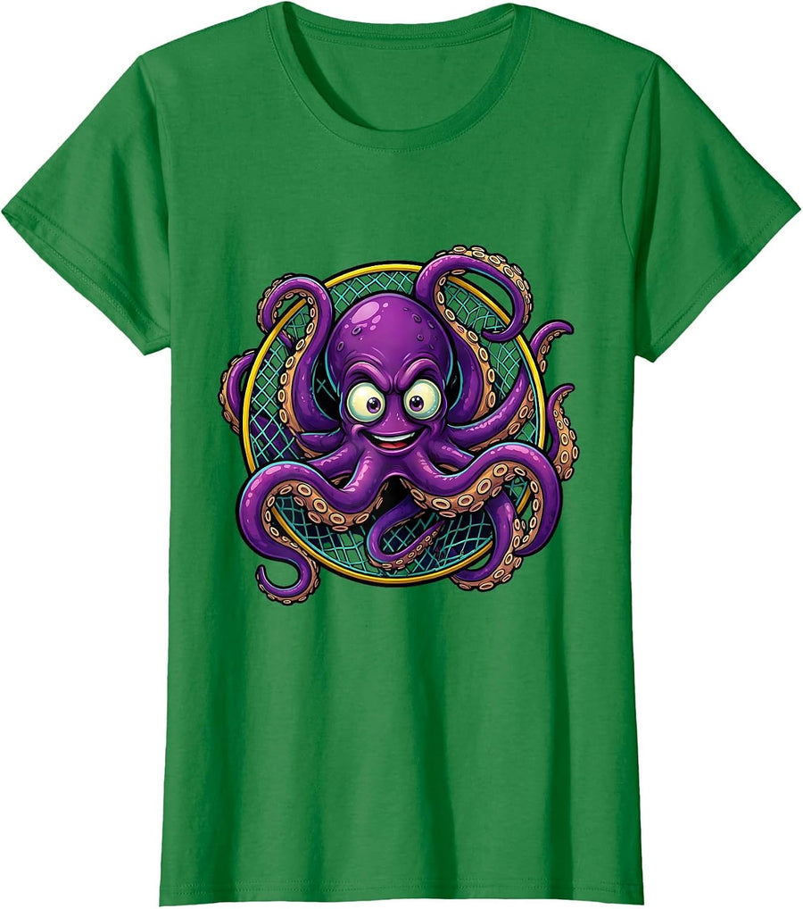 Women's Deep Sea Octopus Soccer Goal Net Illustration T-Shirt - Kelly Green