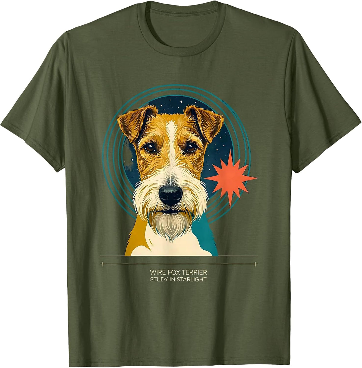 Men's Wire Fox Terrier, Study In Starlight Midcentury Modern Dog T-Shirt - Olive Green