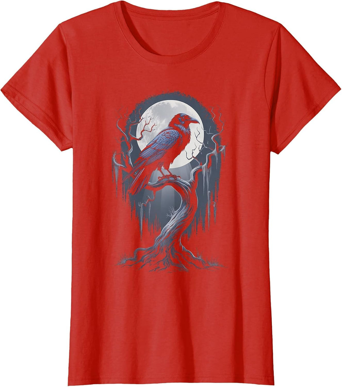 Black Crow Raven Bird Moon Forest T-Shirt - Red