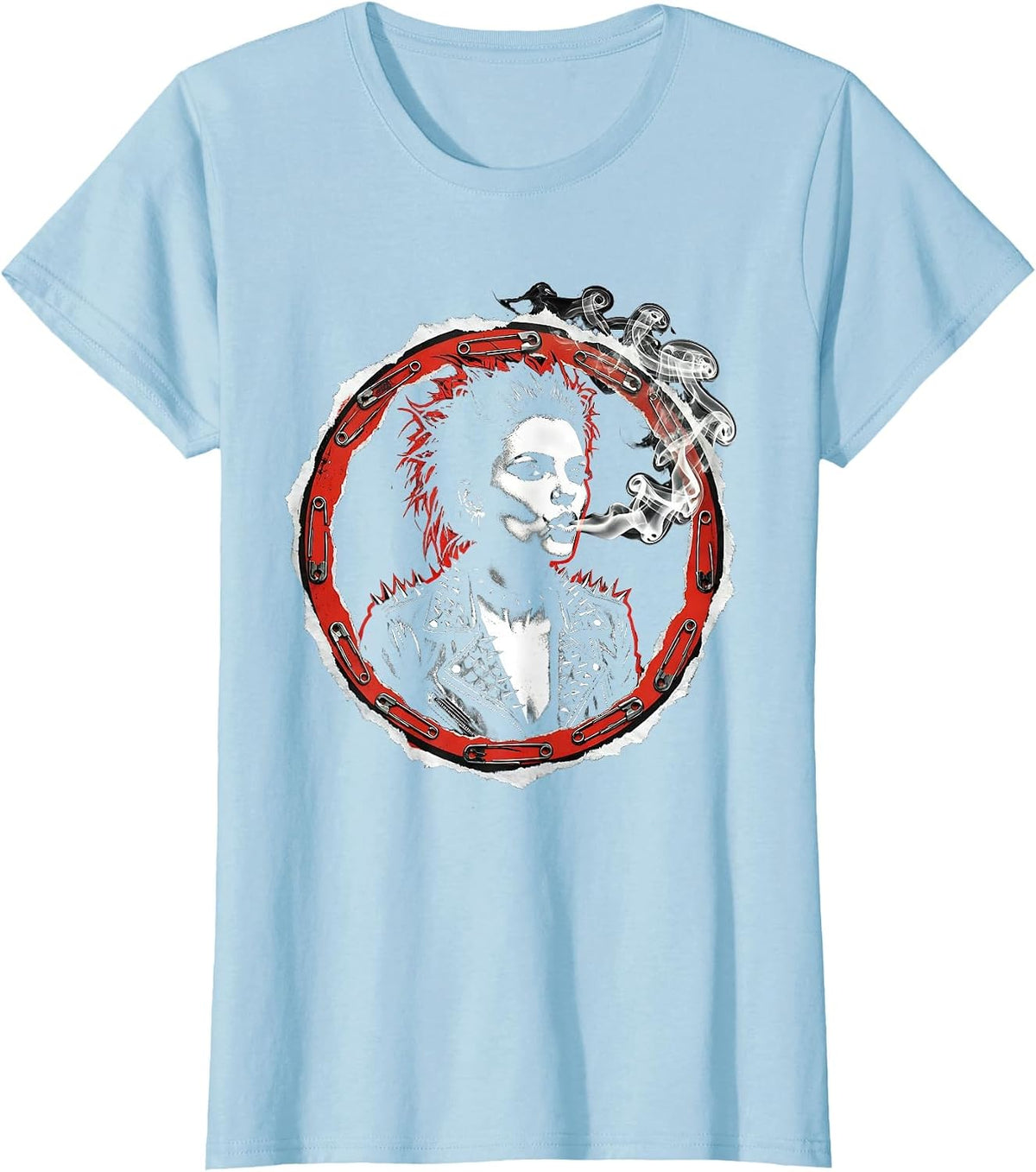 Women's Grunge Woman Blowing Smoke Ring Leather Jacket T-Shirt - Baby Blue
