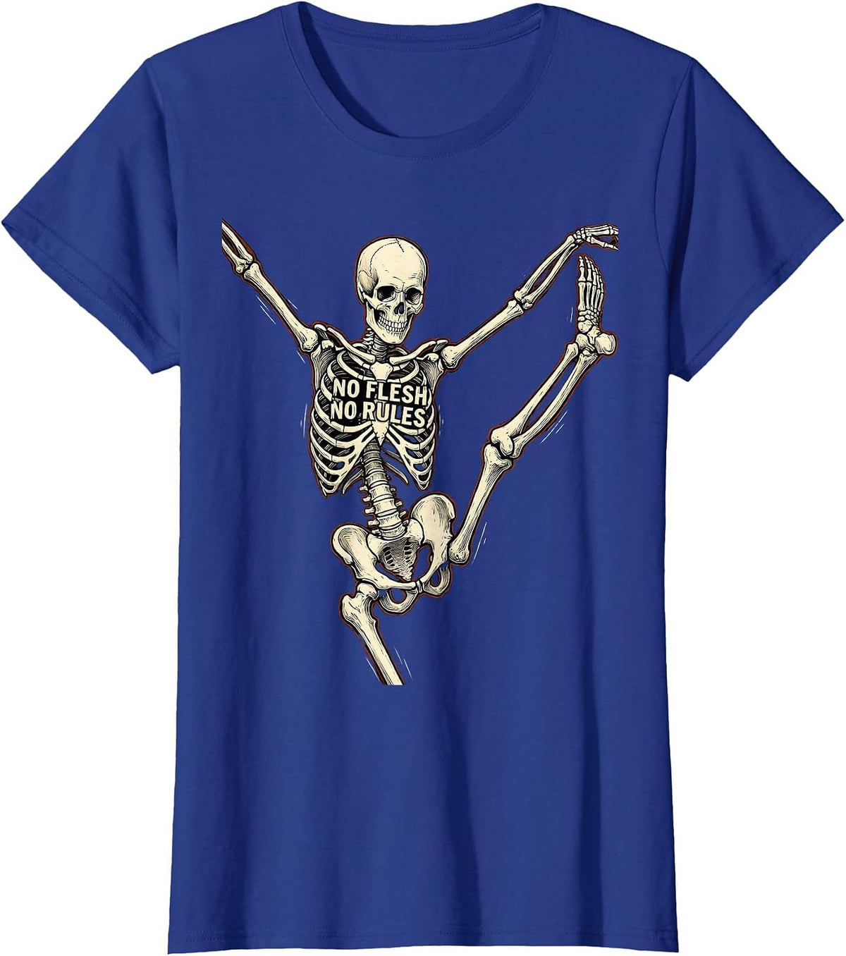 Women's Dancing Skeleton No Flesh No Rules Graphic Design T-Shirt - Royal Blue