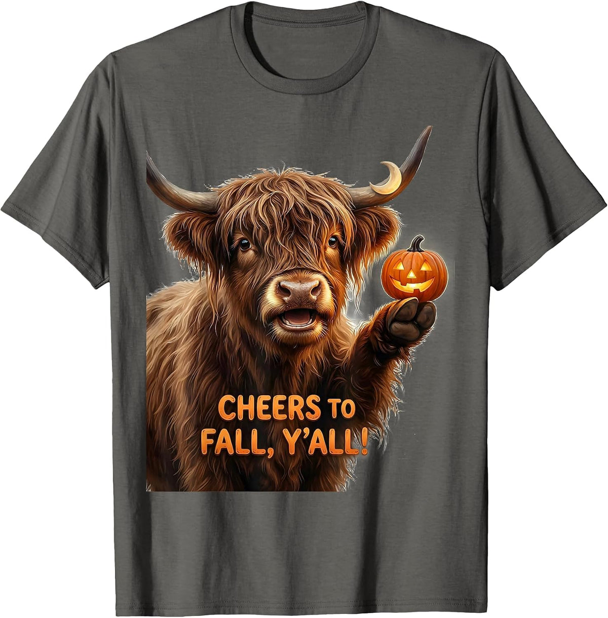 Men's Cheers To Fall, Y'all! Funny Highland Cow Halloween Pun T-Shirt - Asphalt Grey