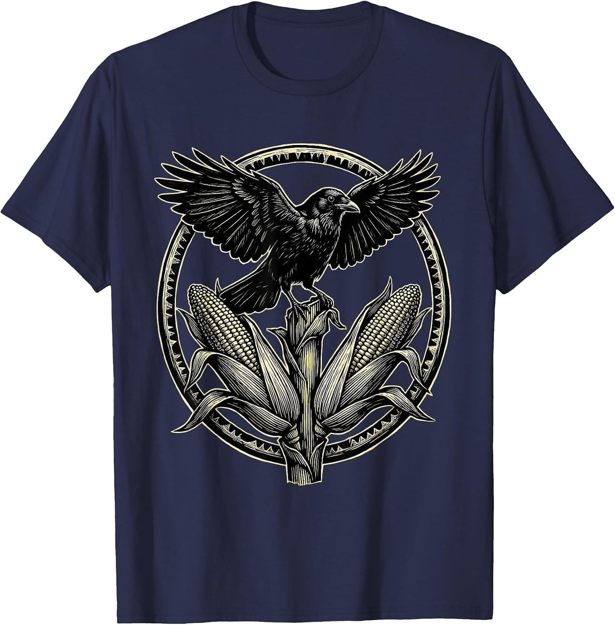 Crow Perched on Corn Stalk Harvest Illustration T-Shirt - Navy Blue