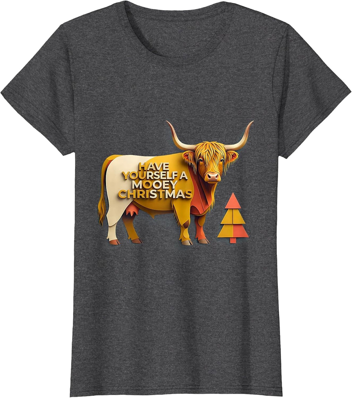 Women's Have Yourself A Mooey Christmas Funny Highland Cow Farm T-Shirt - Dark Heather Grey