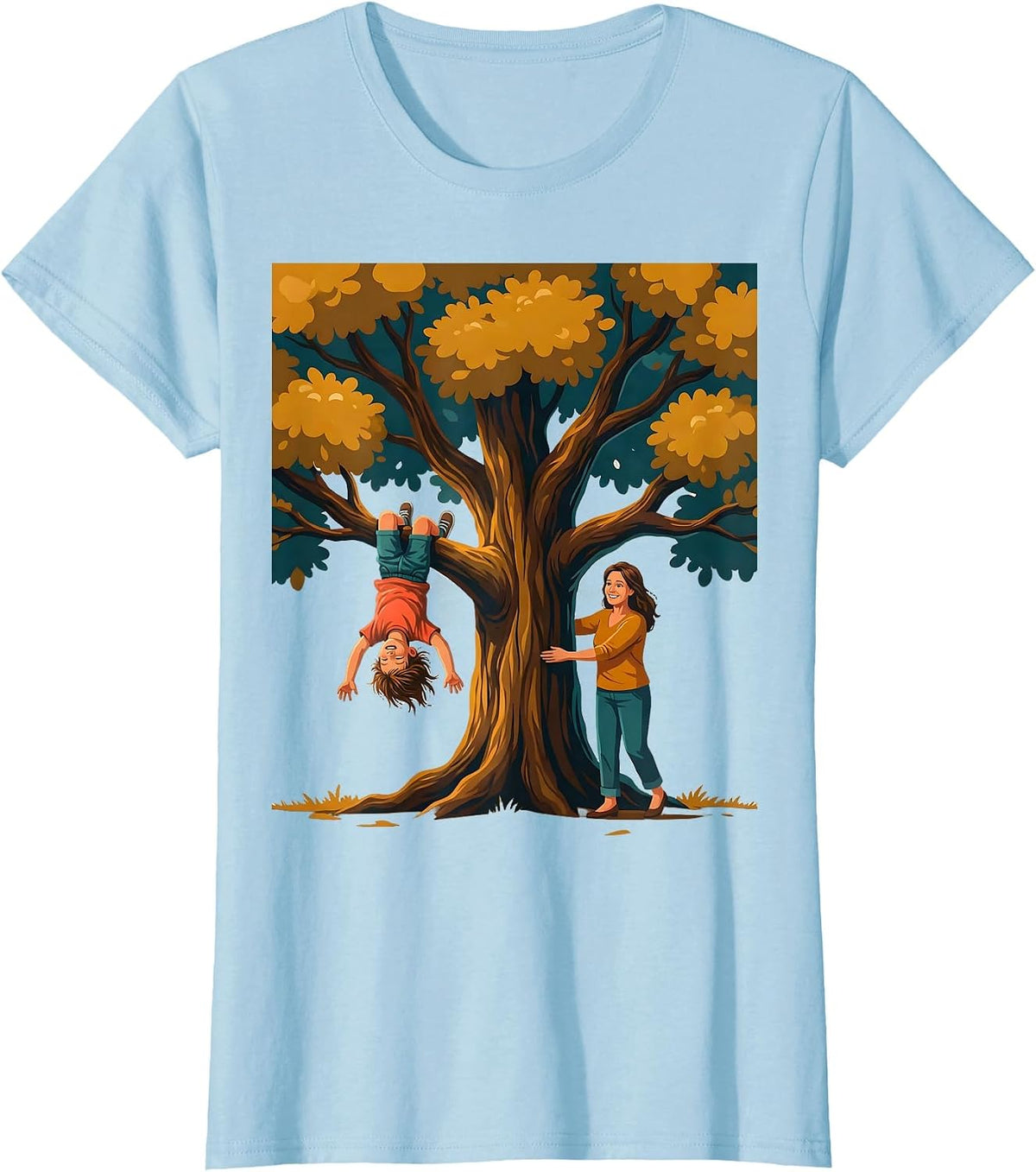 Women's Boy Mom Upside Down Tree Climbing Illustration T-Shirt - Baby Blue