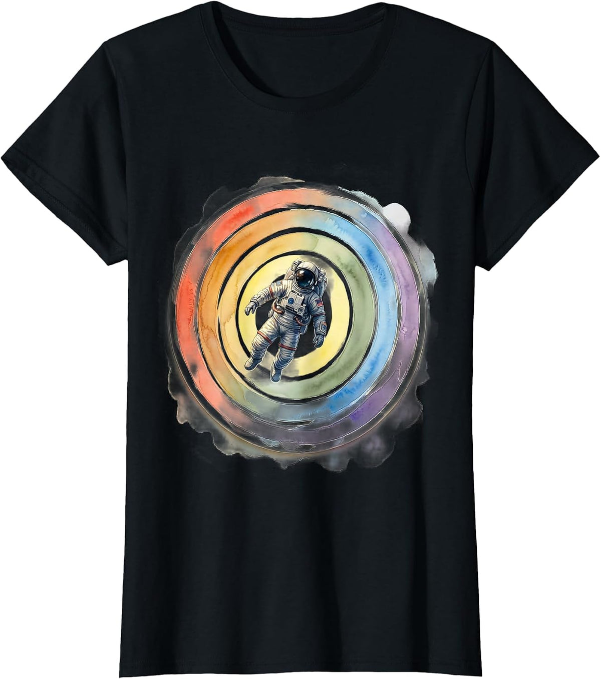 Women's Astronaut Floating Through Rainbow Rings T-Shirt - Black