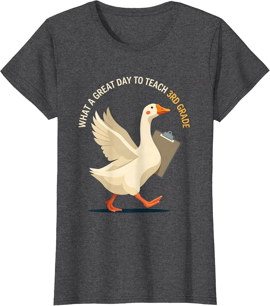 Women's What A Great Day To Teach 3rd Grade Funny Goose Teacher Back T-Shirt - Dark Heather Grey