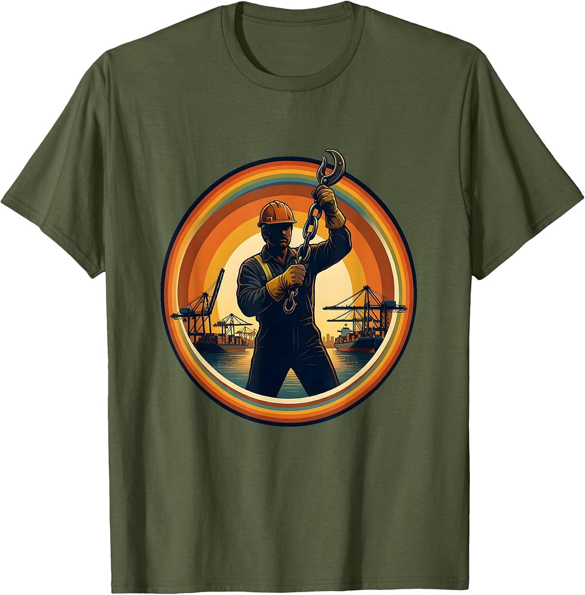 Labor Day Dock Worker Cargo Hook Harbor Illustration T-Shirt - Olive Green
