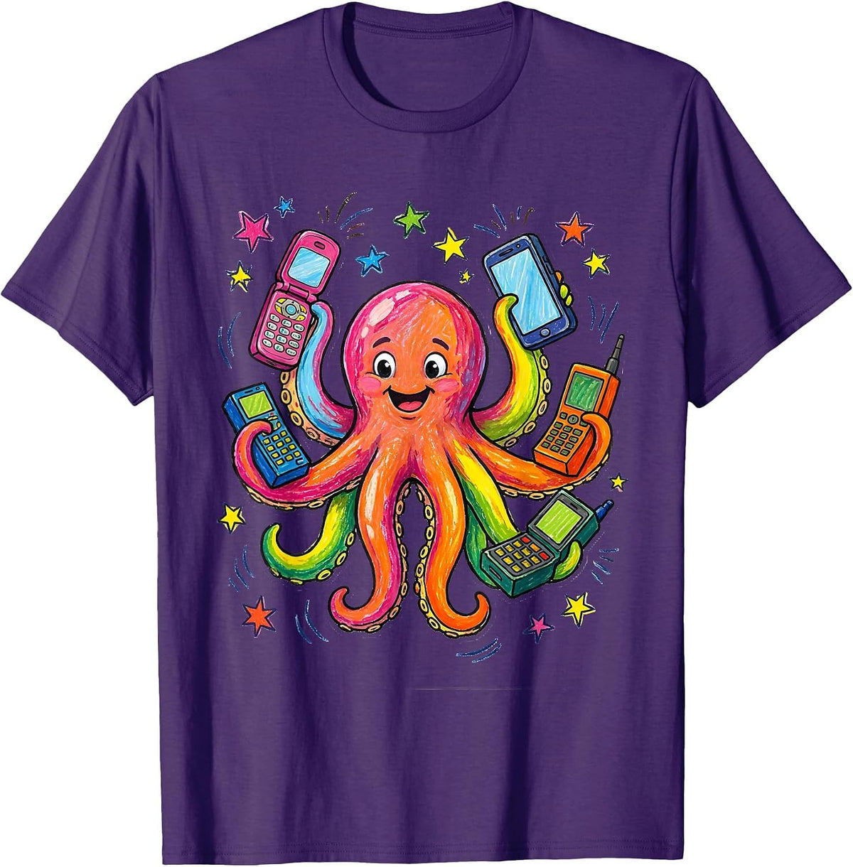 Men's Octopus Multitasking With Eight Phones Funny Art T-Shirt - Purple
