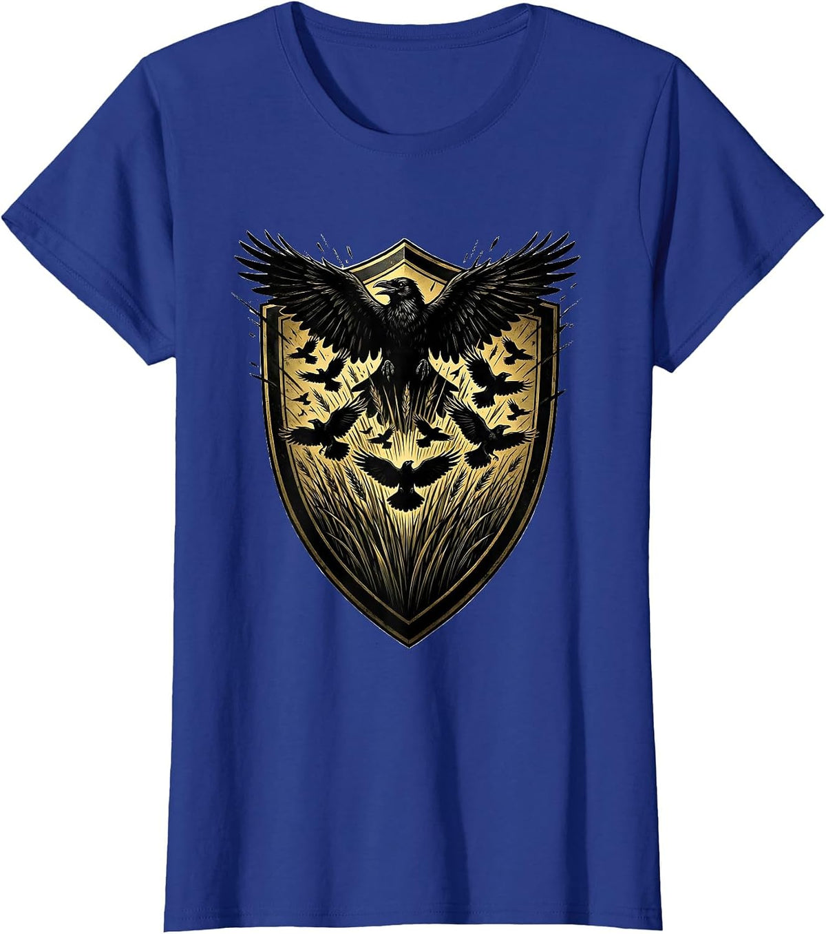 Women's Crows Bursting From Tall Grass Illustration T-Shirt - Royal Blue