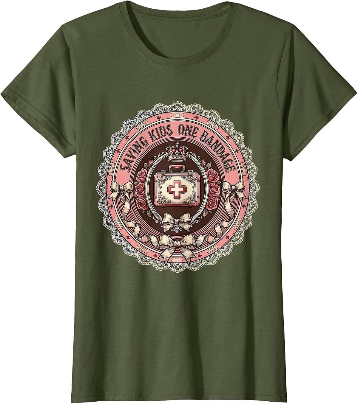 Women's Saving Kids One Bandage School Nurse Design T-Shirt - Olive Green