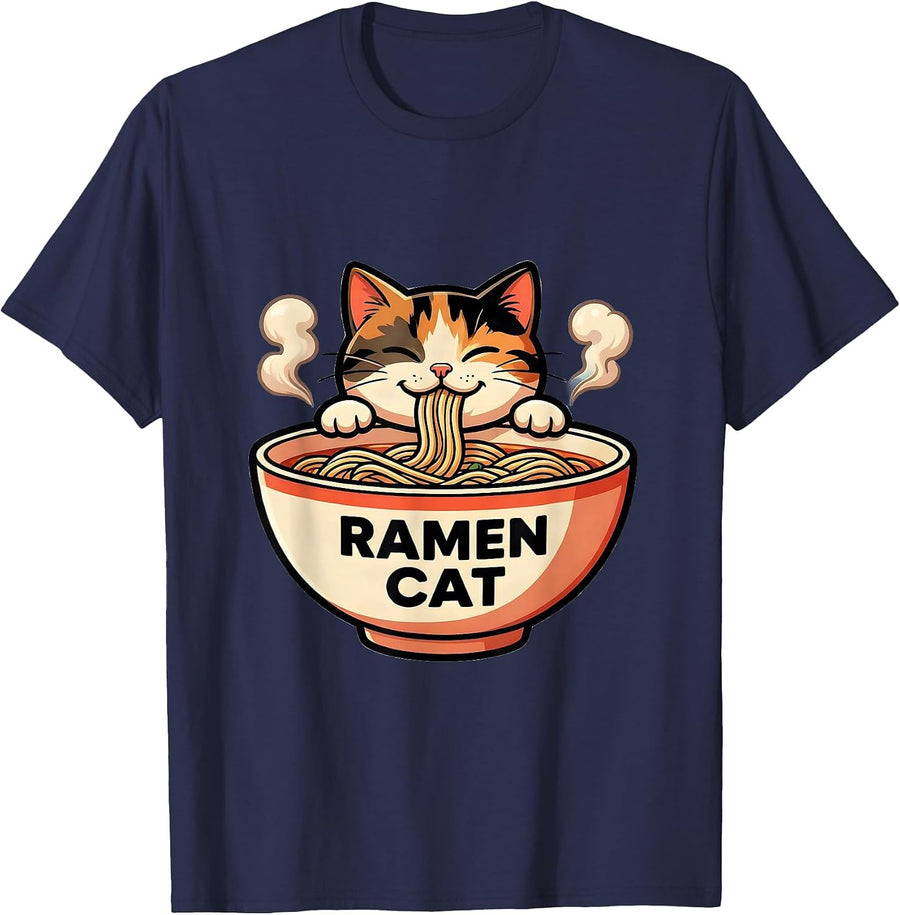 Ramen Cat Cute Kawaii Anime Animal Japanese Food Humor T-Shirt - Navy Blue