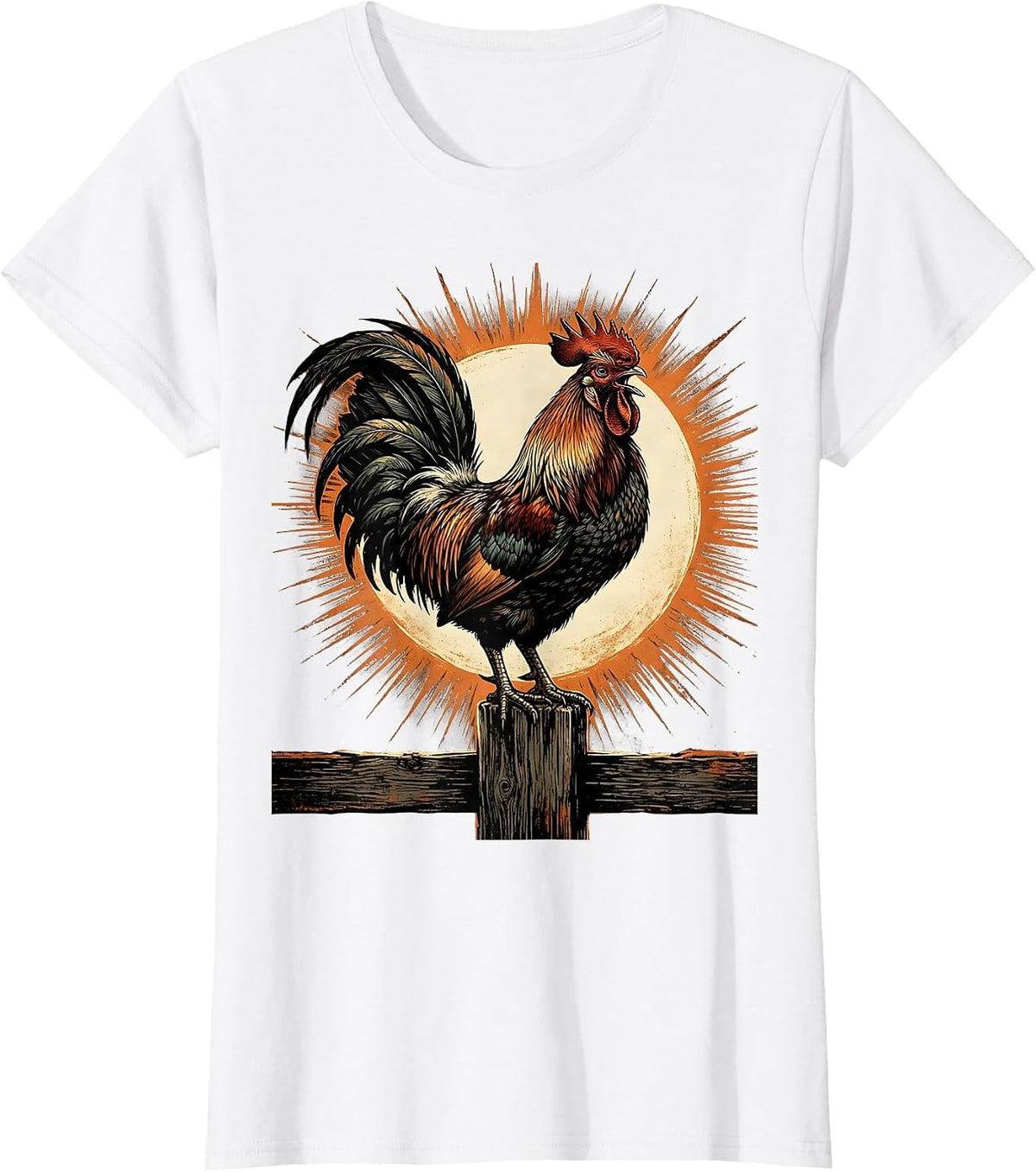Rooster Crowing at Sunrise Graphic Design T-Shirt - White