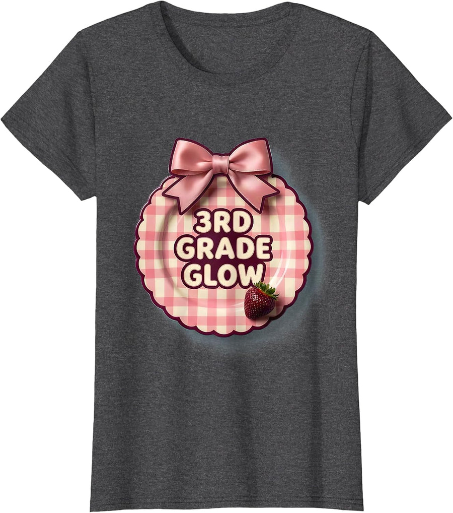Women's 3rd Grade Glow Cute Gingham Back to School Girl First Day T-Shirt - Dark Heather Grey