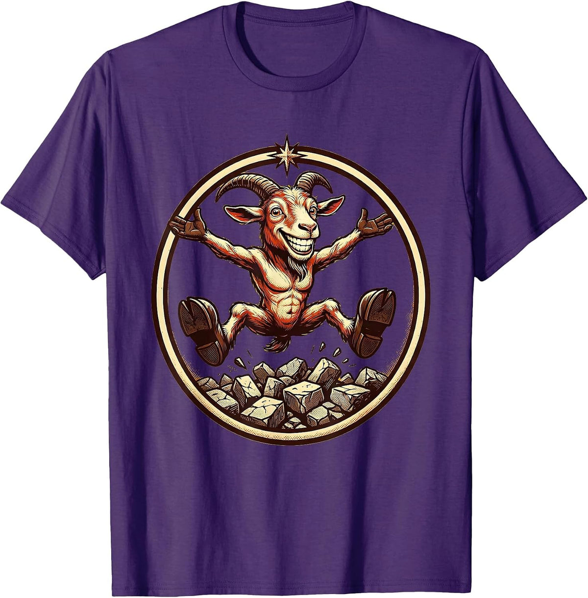 Goat Mid-Leap Over Crumbling Stone Wall T-Shirt - Purple