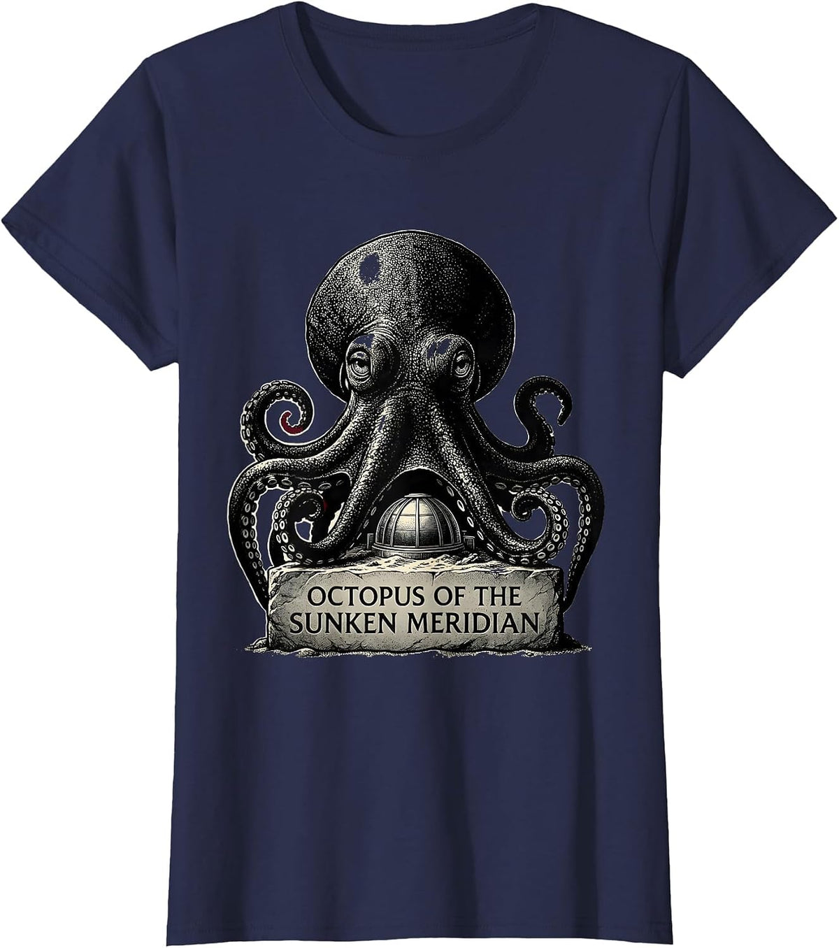 Women's Octopus of the Sunken Meridian Blackwork Dotwork Ocean T-Shirt - Navy Blue
