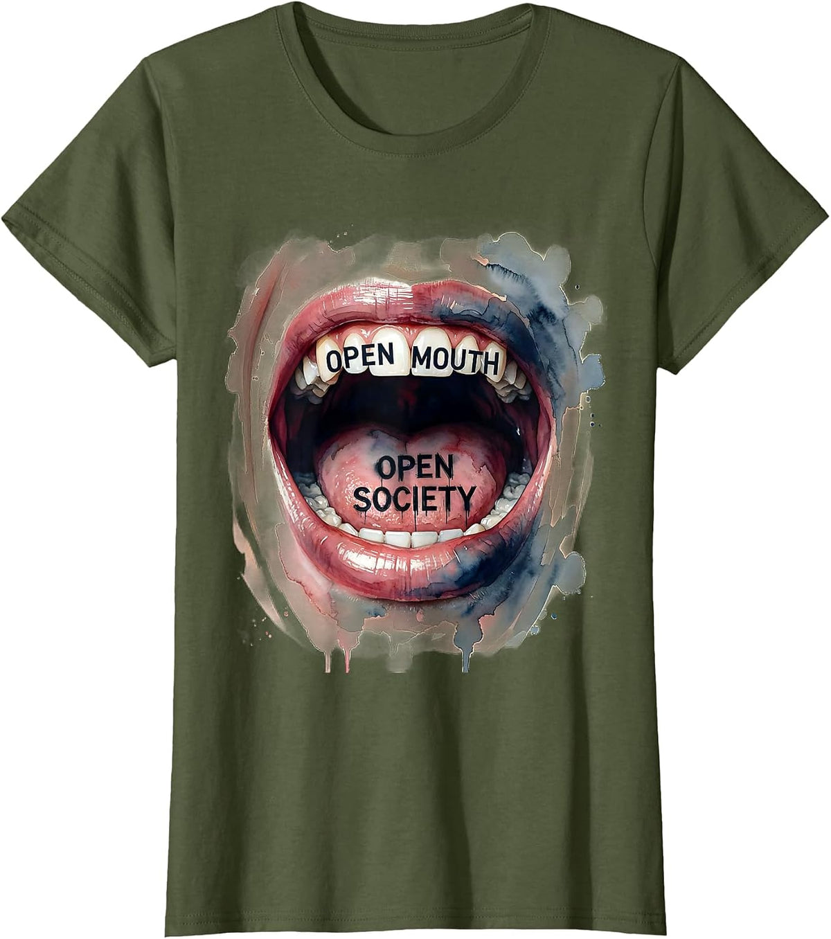 Women's Open Mouth Open Society Free Speech Design T-Shirt - Olive Green