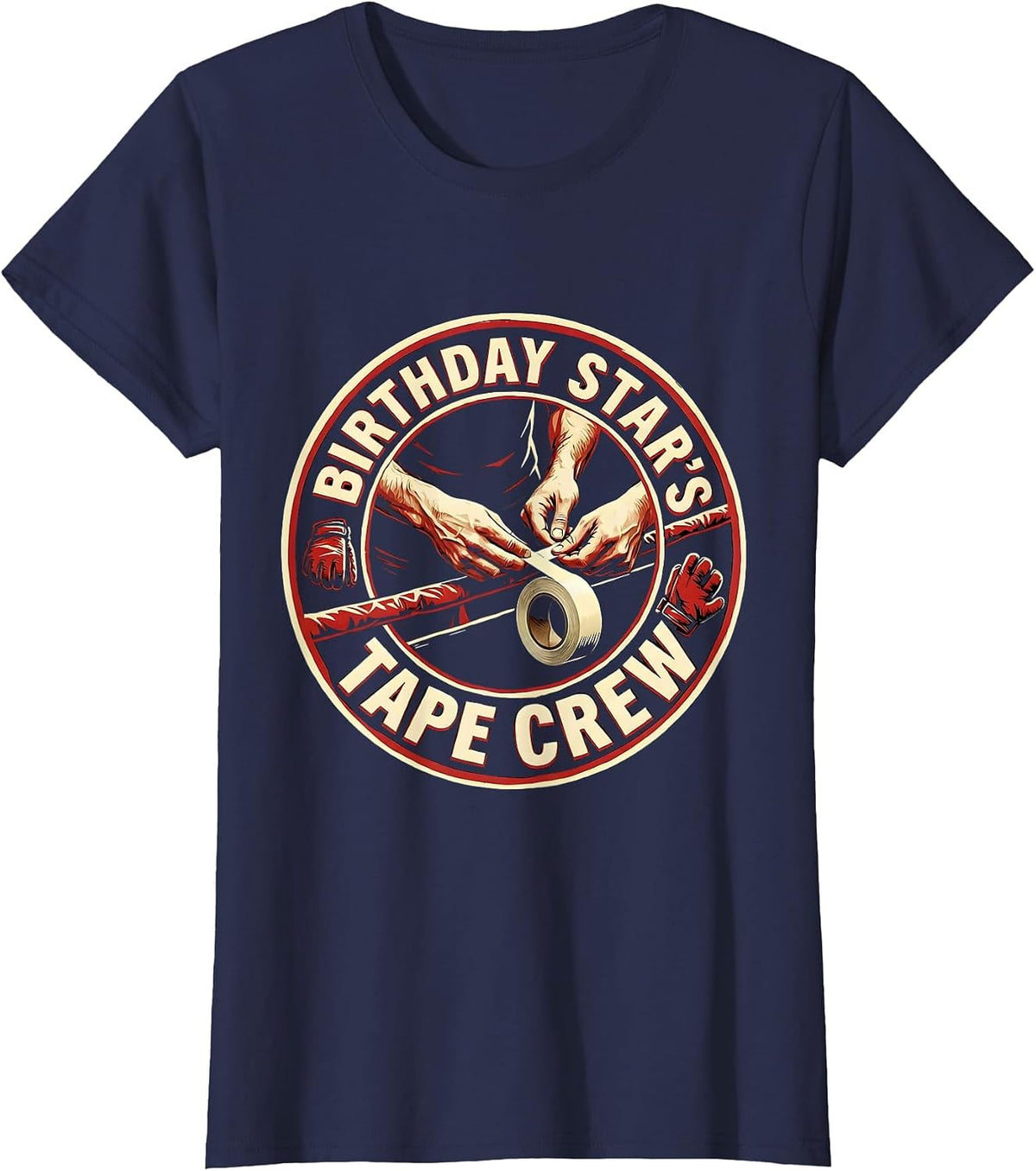 Women's Birthday Star's Tape Crew Stencil Graphic Boxing Theme Party T-Shirt - Navy Blue