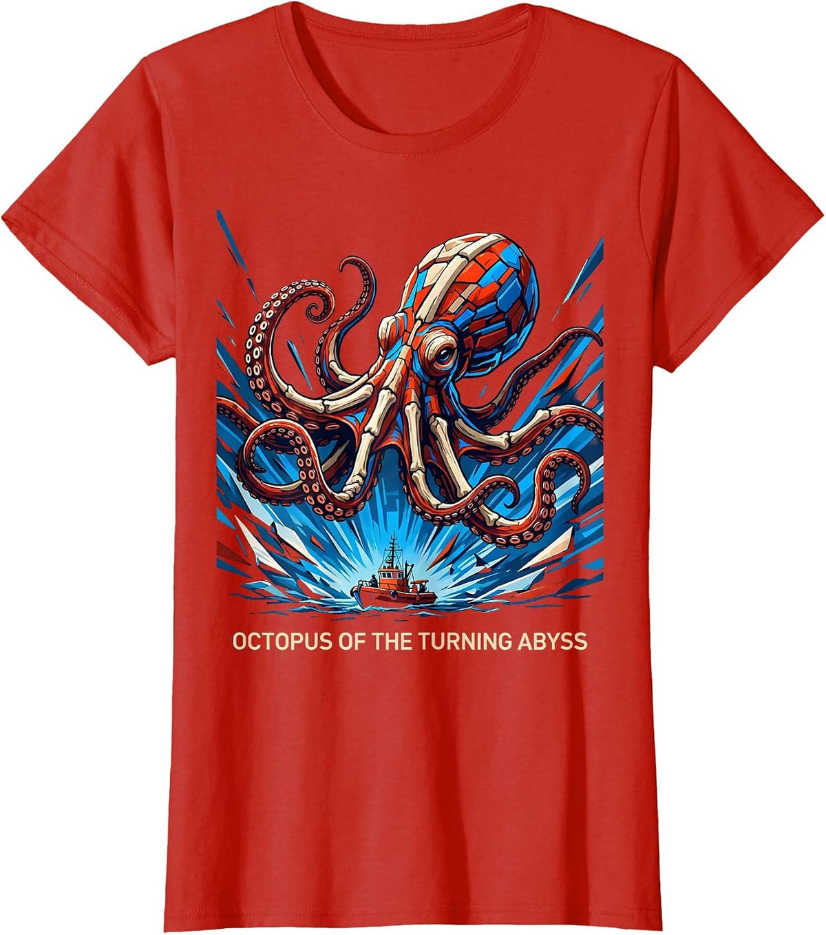 Octopus of the Turning Abyss Futurist Ocean Animal Art T-Shirt - Red
