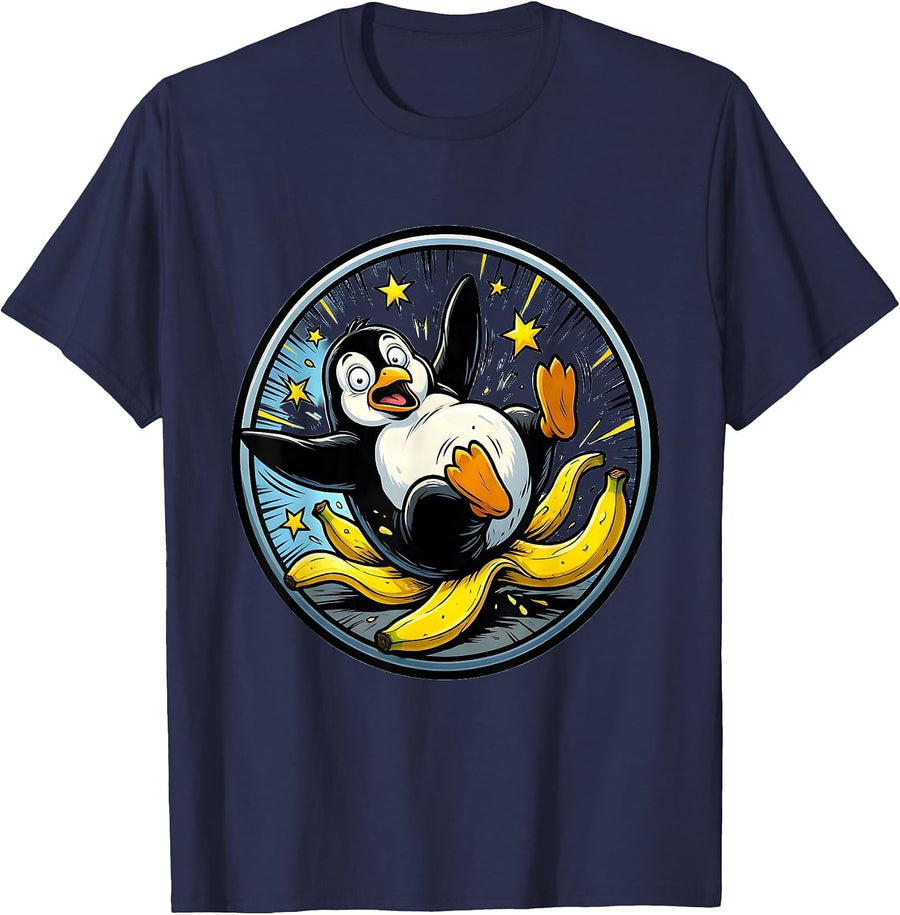 Derpy Penguin Slipping on Banana Peel T-Shirt - Navy Blue